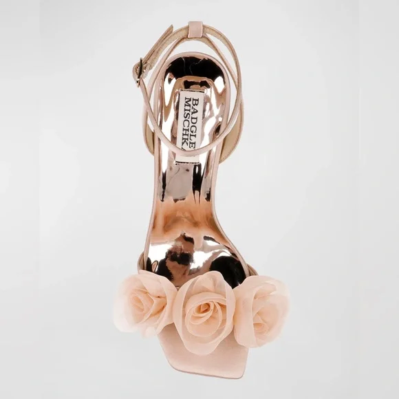 BADGLEY MISCHKA Carli Satin Tulle Rose Ankle-Strap Sandals in Blush Nude Sz 10 - Picture 2 of 15